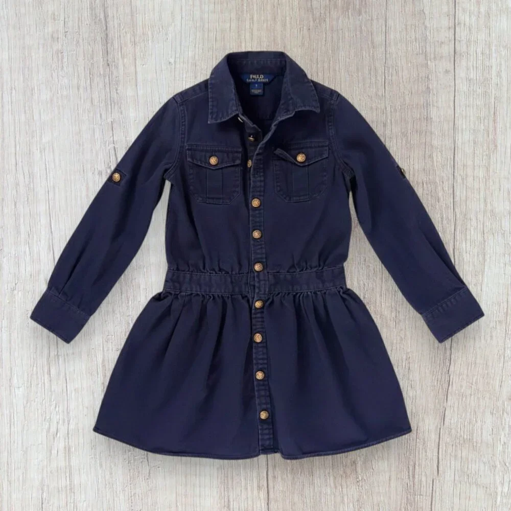 Polo Ralph Lauren Girls 7 Navy Shirt Dress Gold Crest Buttons Preppy Classic